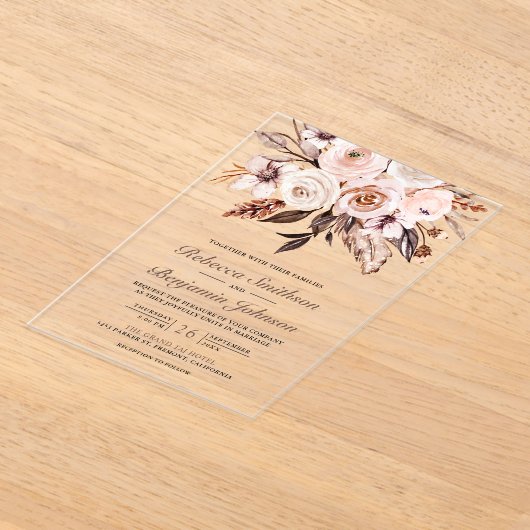 Rustic Boho Earthy Ivory Floral Wedding アクリル招待状 (レイダウン)