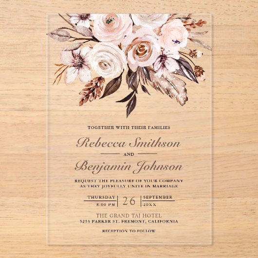 Rustic Boho Earthy Ivory Floral Wedding アクリル招待状 (正面)