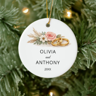 Rustic Boho Floral Pink Rose Wedding Name Ornament セラミックオーナメント