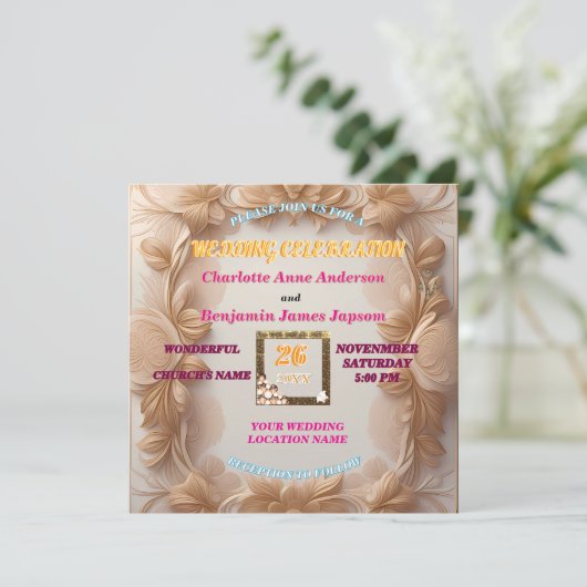 Rustic Boho Golden Glitter Floral Wedding 招待状 (スタンド正面)