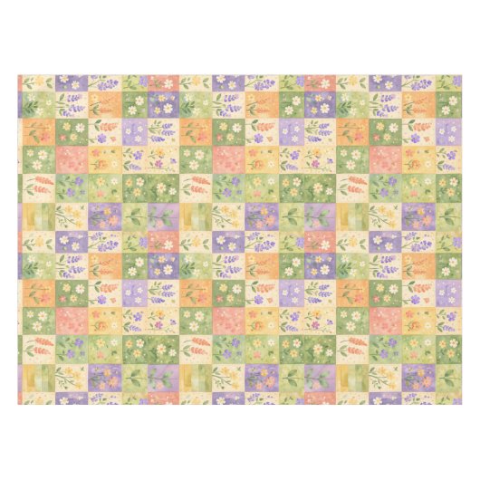 Rustic Boho Green & Orange Quilt Floral Patchwork  テーブルクロス (正面(横))