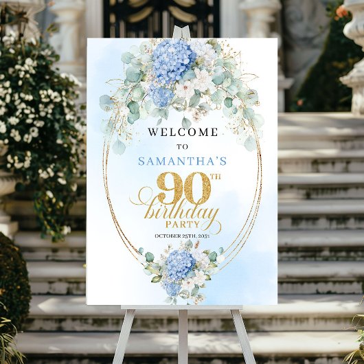 Rustic Boho Hydrangeas Gold 90th Birthday Welcome ポスター