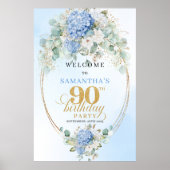 Rustic Boho Hydrangeas Gold 90th Birthday Welcome ポスター (正面)