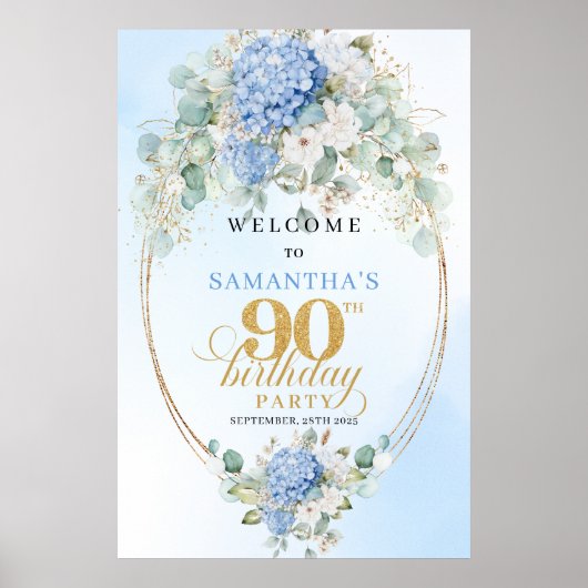 Rustic Boho Hydrangeas Gold 90th Birthday Welcome ポスター (正面)