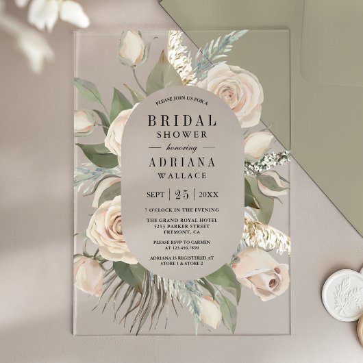Rustic Boho Ivory Roses Sage Green Bridal Shower アクリル招待状