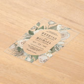 Rustic Boho Ivory Roses Sage Green Leaves Wedding アクリル招待状 (レイダウン)