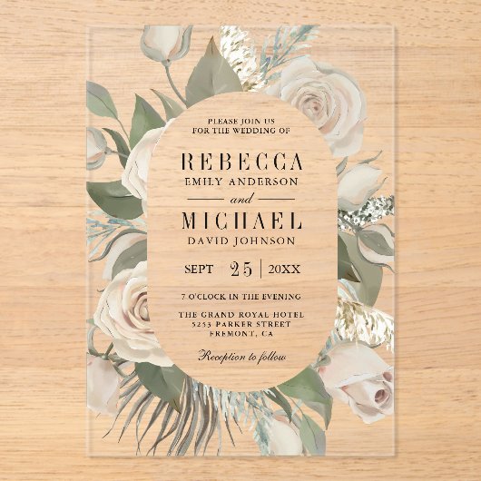 Rustic Boho Ivory Roses Sage Green Leaves Wedding アクリル招待状 (正面)