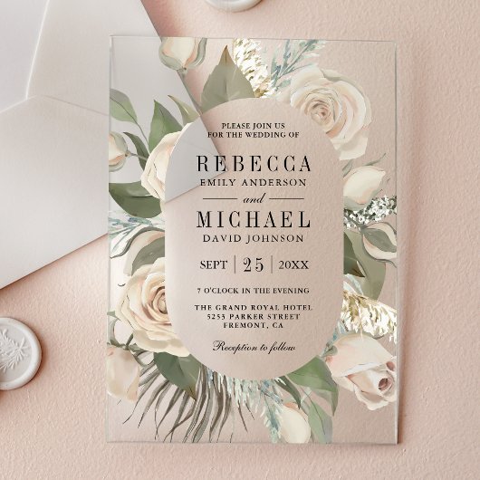 Rustic Boho Ivory Roses Sage Green Leaves Wedding アクリル招待状