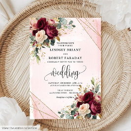 Rustic Boho Maroon Gold Blush Roses Wedding Invite 招待状