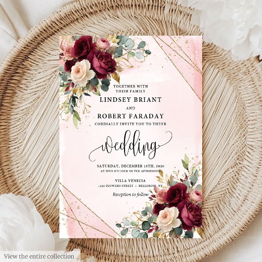 Rustic Boho Maroon Gold Blush Roses Wedding Invite 招待状