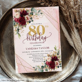 Rustic Boho Maroon Gold Roses 80th Birthday Invite 招待状