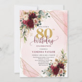 Rustic Boho Maroon Gold Roses 80th Birthday Invite 招待状 (正面)