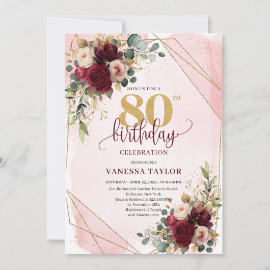 Rustic Boho Maroon Gold Roses 80th Birthday Invite 招待状 (正面)