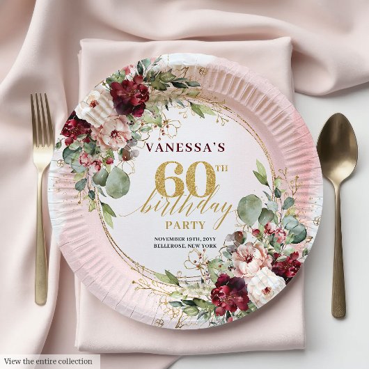 Rustic Boho Merlot Blush Gold Floral Paper Plates ペーパープレート