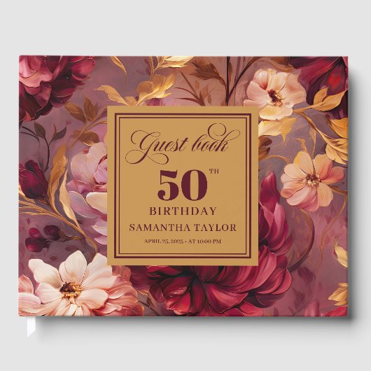Rustic Boho Merlot Blush Gold Flowers 50th Bday ゲストブック (正面)