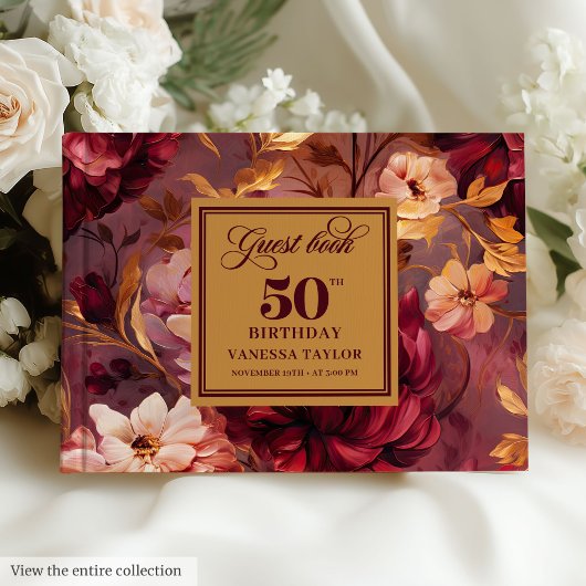 Rustic Boho Merlot Blush Gold Flowers 50th Bday ゲストブック