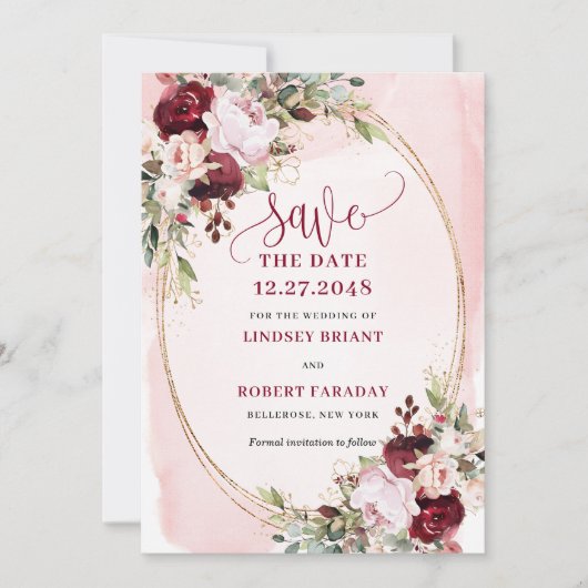 Rustic Boho Merlot Blush Gold Flowers Save Date 招待状 (正面)