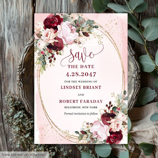 Rustic Boho Merlot Blush Gold Flowers Save Date 招待状