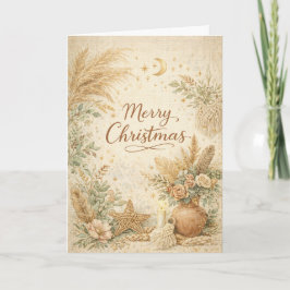 Rustic Boho Neutral Floral Merry Christmas シーズンカード