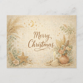 Rustic Boho Neutral Floral Merry Christmas シーズンポストカード