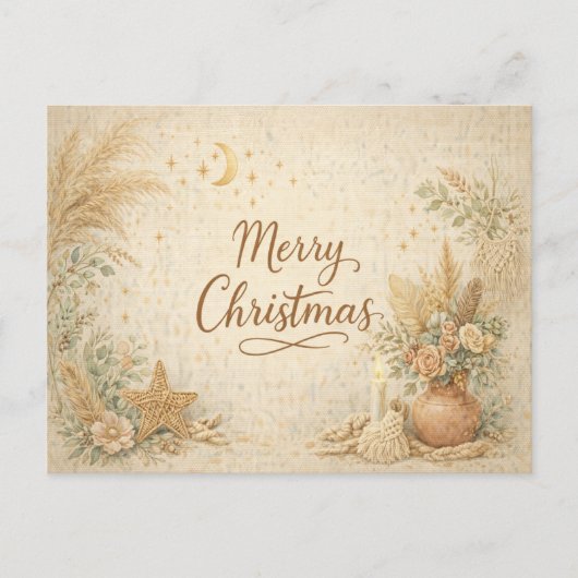 Rustic Boho Neutral Floral Merry Christmas シーズンポストカード (正面)