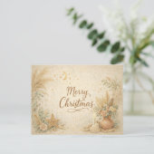 Rustic Boho Neutral Floral Merry Christmas シーズンポストカード (スタンド正面)