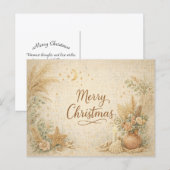 Rustic Boho Neutral Floral Merry Christmas シーズンポストカード (正面/裏面)