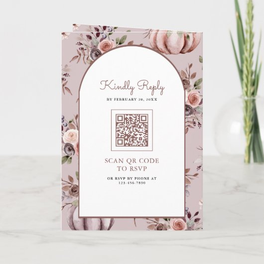 Rustic Boho Neutral Pumpkin Floral QR Code Wedding 招待状 (裏面)