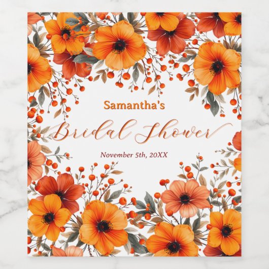 Rustic Boho Orange Bloom Berry Frame Bridal Shower ワインラベル (シングルラベル)