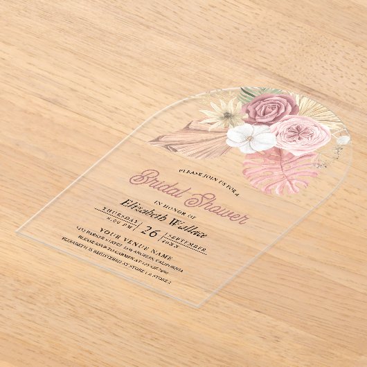 Rustic Boho Palm Dusty Pink Roses Bridal Shower アクリル招待状 (レイダウン)