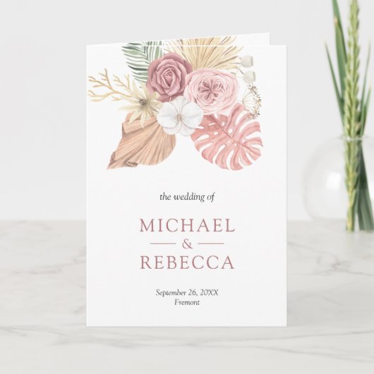 Rustic Boho Palm Dusty Pink Roses QR Code Wedding 招待状 (正面)