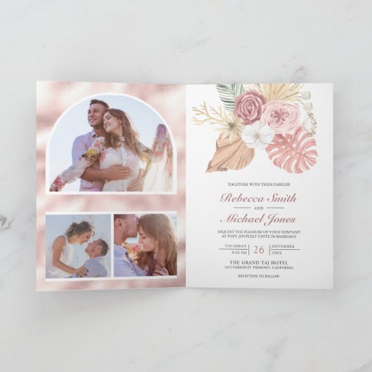 Rustic Boho Palm Dusty Pink Roses QR Code Wedding 招待状 (内部)