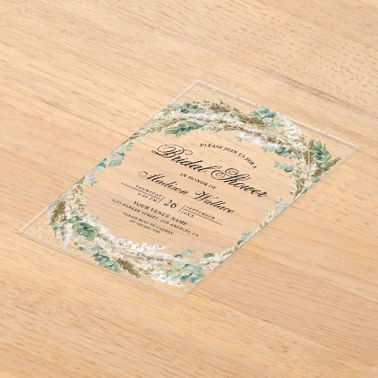 Rustic Boho Pampas Eucalyptus Wreath Bridal Shower アクリル招待状 (レイダウン)