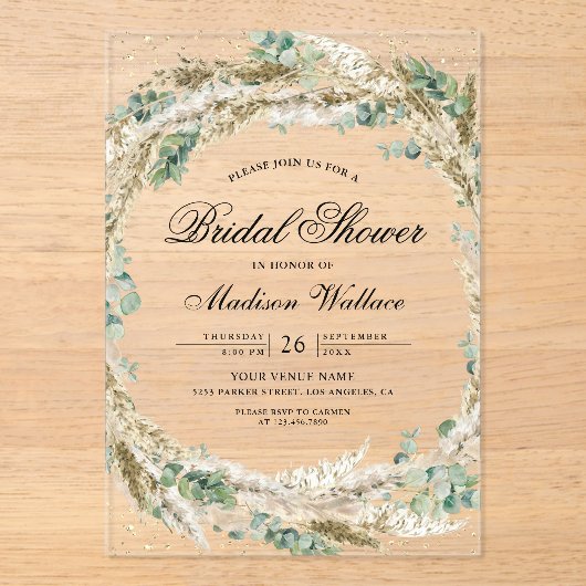 Rustic Boho Pampas Eucalyptus Wreath Bridal Shower アクリル招待状 (正面)