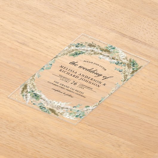 Rustic Boho Pampas Eucalyptus Wreath Wedding アクリル招待状 (レイダウン)