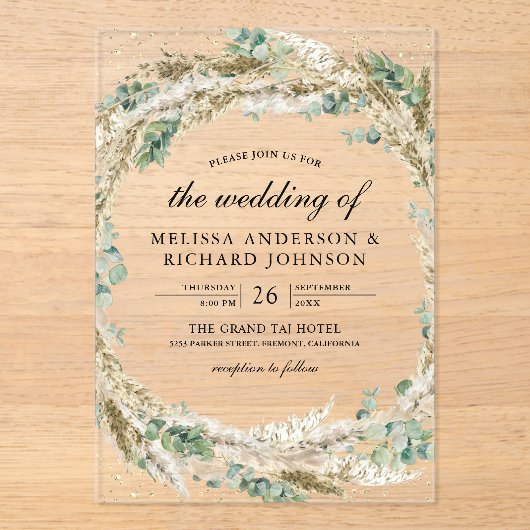 Rustic Boho Pampas Eucalyptus Wreath Wedding アクリル招待状 (正面)