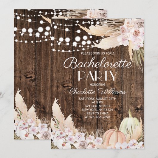 Rustic Boho Pampas Grass Bachelorette Party 招待状 (正面/裏面)