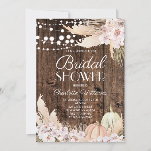 Rustic Boho Pampas Grass Bridal Shower 招待状 (正面)