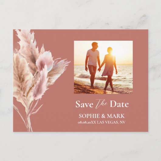 Rustic Boho Pampas Grass Save The Date Photo ポストカード (正面)