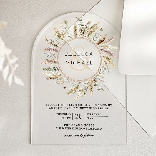 Rustic Boho Pampas Grass Wreath Ampersand Wedding アクリル招待状
