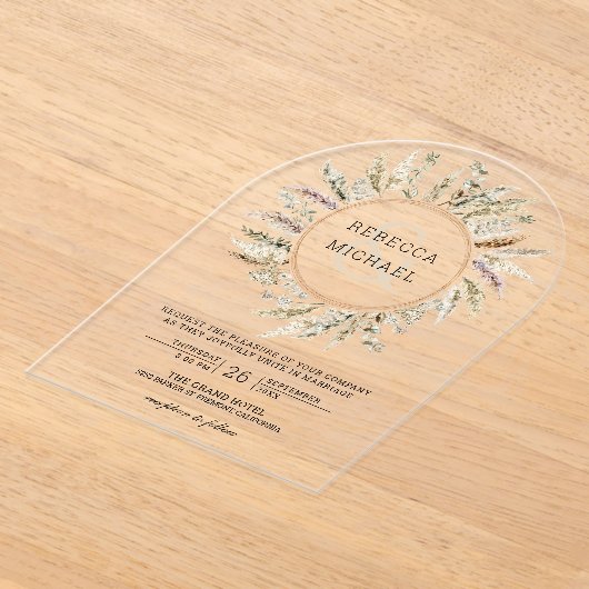 Rustic Boho Pampas Grass Wreath Ampersand Wedding アクリル招待状 (レイダウン)