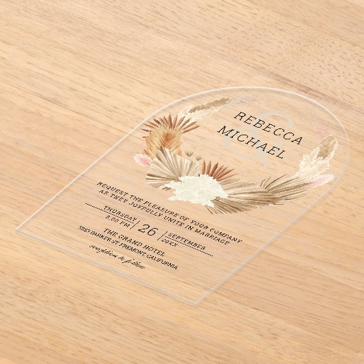 Rustic Boho Pampas Grass Wreath Dried Palm Wedding アクリル招待状 (レイダウン)
