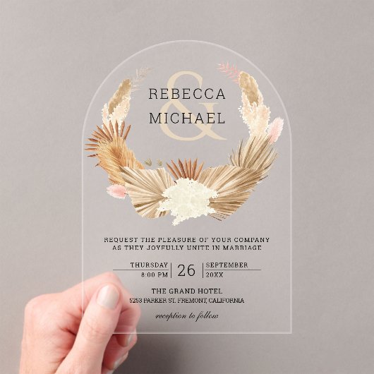 Rustic Boho Pampas Grass Wreath Dried Palm Wedding アクリル招待状 (インサイチュ (ポータブル))