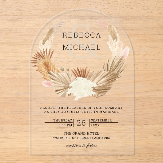 Rustic Boho Pampas Grass Wreath Dried Palm Wedding アクリル招待状 (正面)