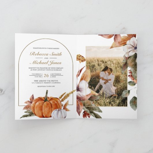 Rustic Boho Pumpkin Photo QR Code Wedding 招待状 (内部)