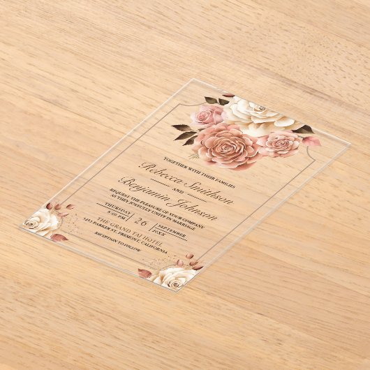 Rustic Boho Rose Gold Ivory Floral Wedding アクリル招待状 (レイダウン)