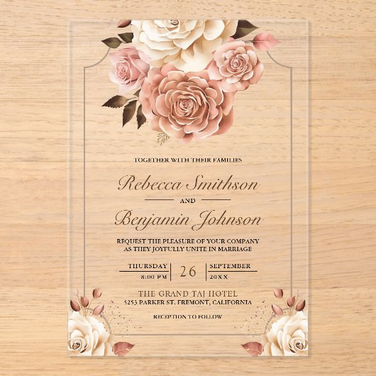 Rustic Boho Rose Gold Ivory Floral Wedding アクリル招待状 (正面)