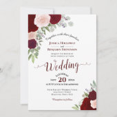 Rustic Boho Roses Burgundy Blush QR Code Wedding 招待状 (正面)