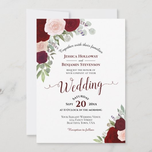 Rustic Boho Roses Burgundy Blush QR Code Wedding 招待状 (正面)
