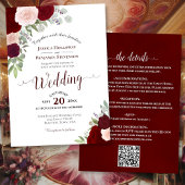 Rustic Boho Roses Burgundy Blush QR Code Wedding 招待状